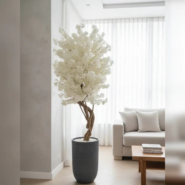Faux White Cherry Blossom Tree in Modern Planter