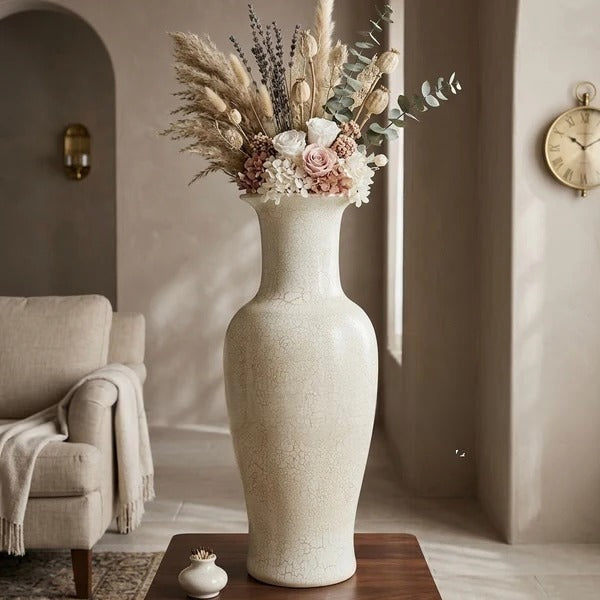 Ivory Serenity Tall Floor Vase with Dried Floral Arrangement