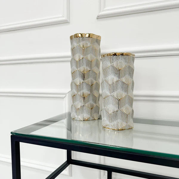 Tall Geometric Light Grey and Gold Vase ( set of 2 )